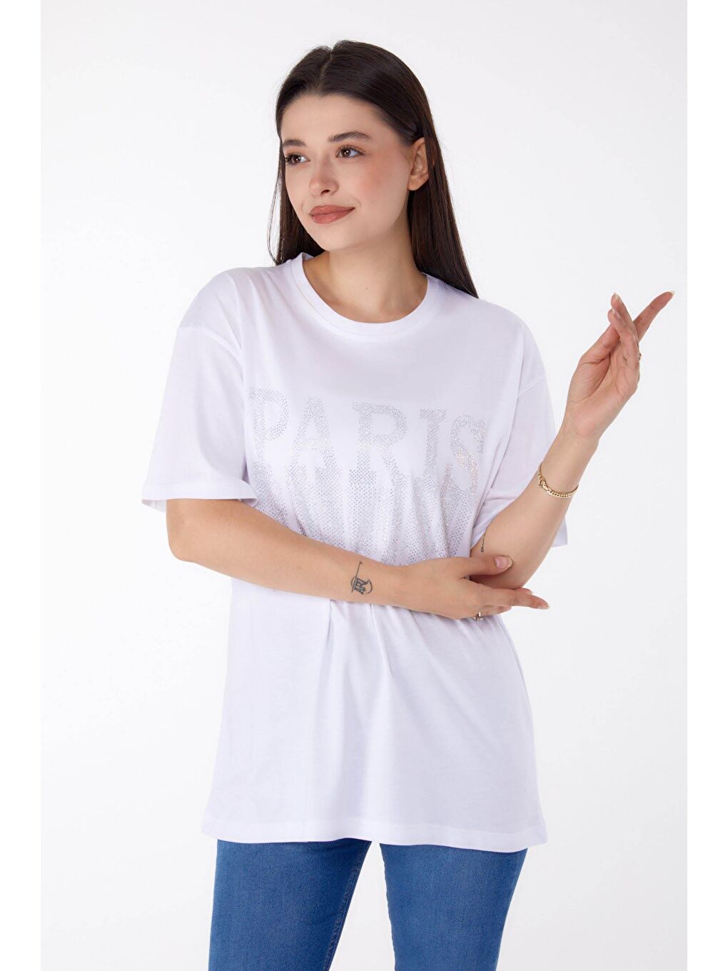 TOFİSA Beyaz Düz Bisiklet Yaka Kadın Beyaz Taşlı T-shirt - 25698