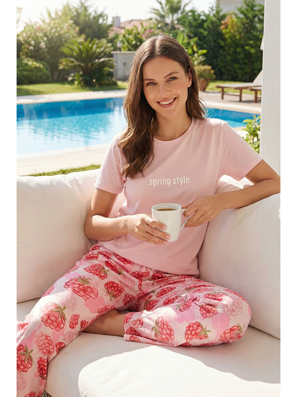 Kadın Kısa Kol Milan Kumaş Pijama Takımı 50107-3107 Toz Pembe-3