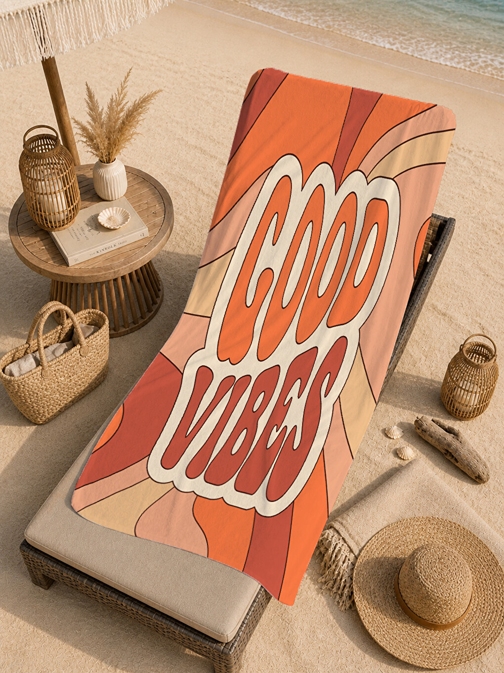 Turuncu Retro Good Vibes Yazılı Dalgalı Desenli 70x150 Cm Dijital Baskılı Plaj Ve Banyo Havlusu-4