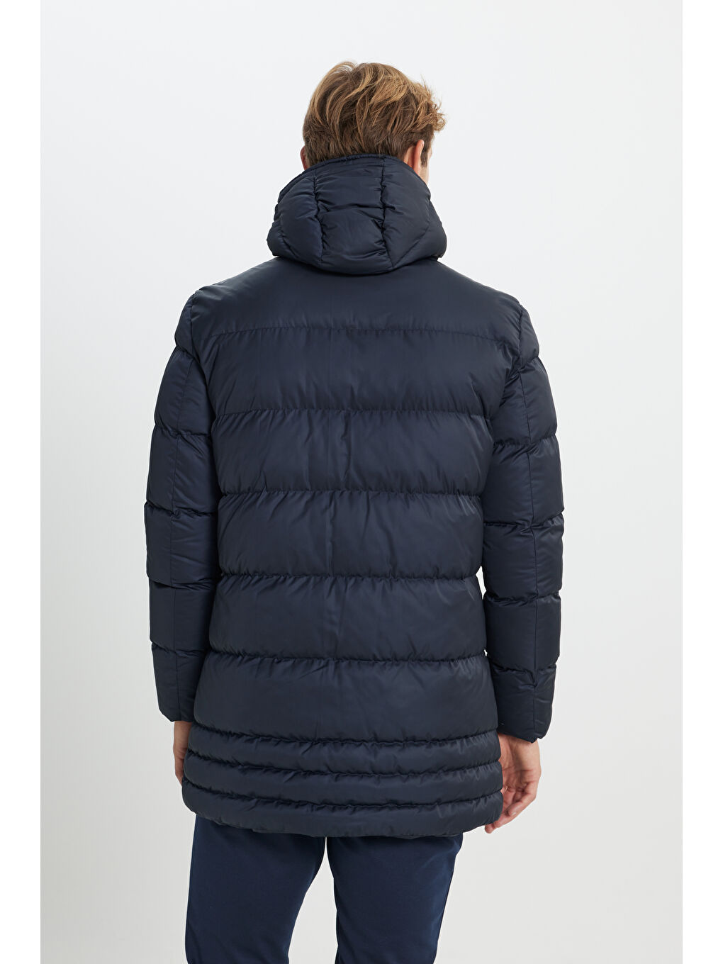 Erkek Lacivert Standart Fit Normal Kesim Çıkma Kapüşonlu Dik Yaka Yan Cepli Kaban-5