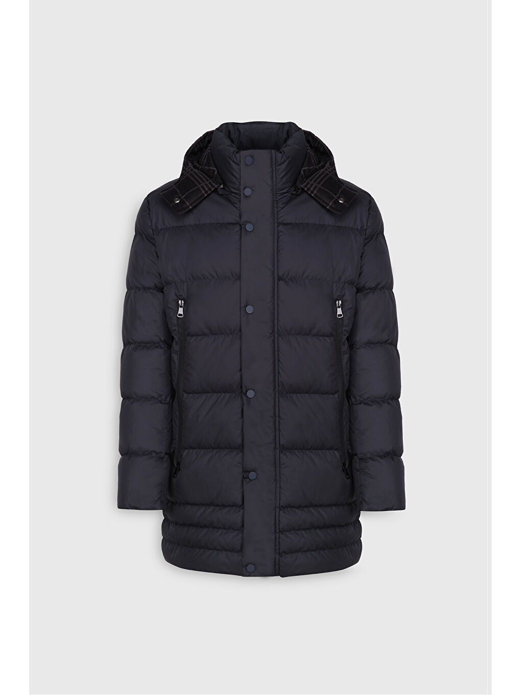 Erkek Lacivert Standart Fit Normal Kesim Çıkma Kapüşonlu Dik Yaka Yan Cepli Kaban-6