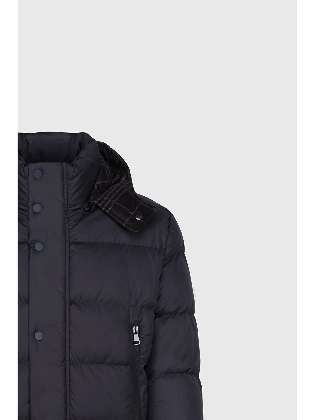 Erkek Lacivert Standart Fit Normal Kesim Çıkma Kapüşonlu Dik Yaka Yan Cepli Kaban-7