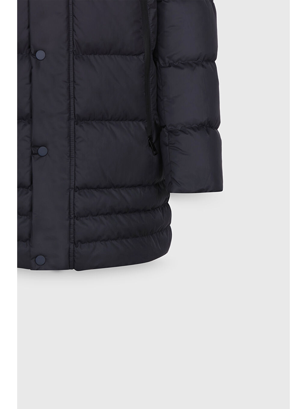 Erkek Lacivert Standart Fit Normal Kesim Çıkma Kapüşonlu Dik Yaka Yan Cepli Kaban-8