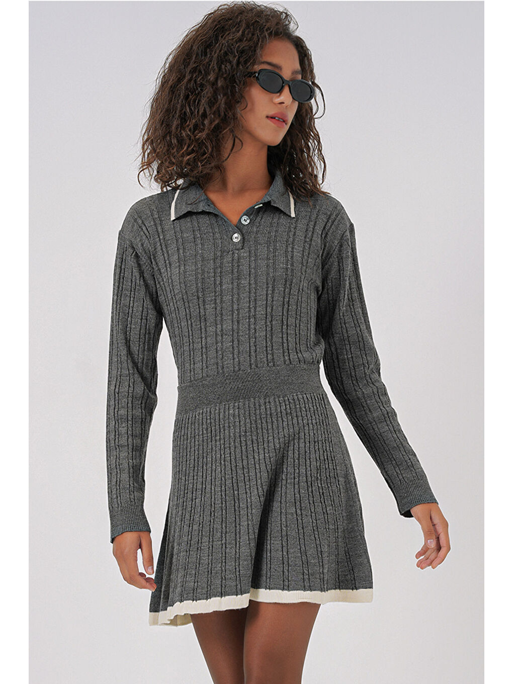 15907 Kadın Polo Yaka Kazak Etek Triko İkili Takım - Antrasit