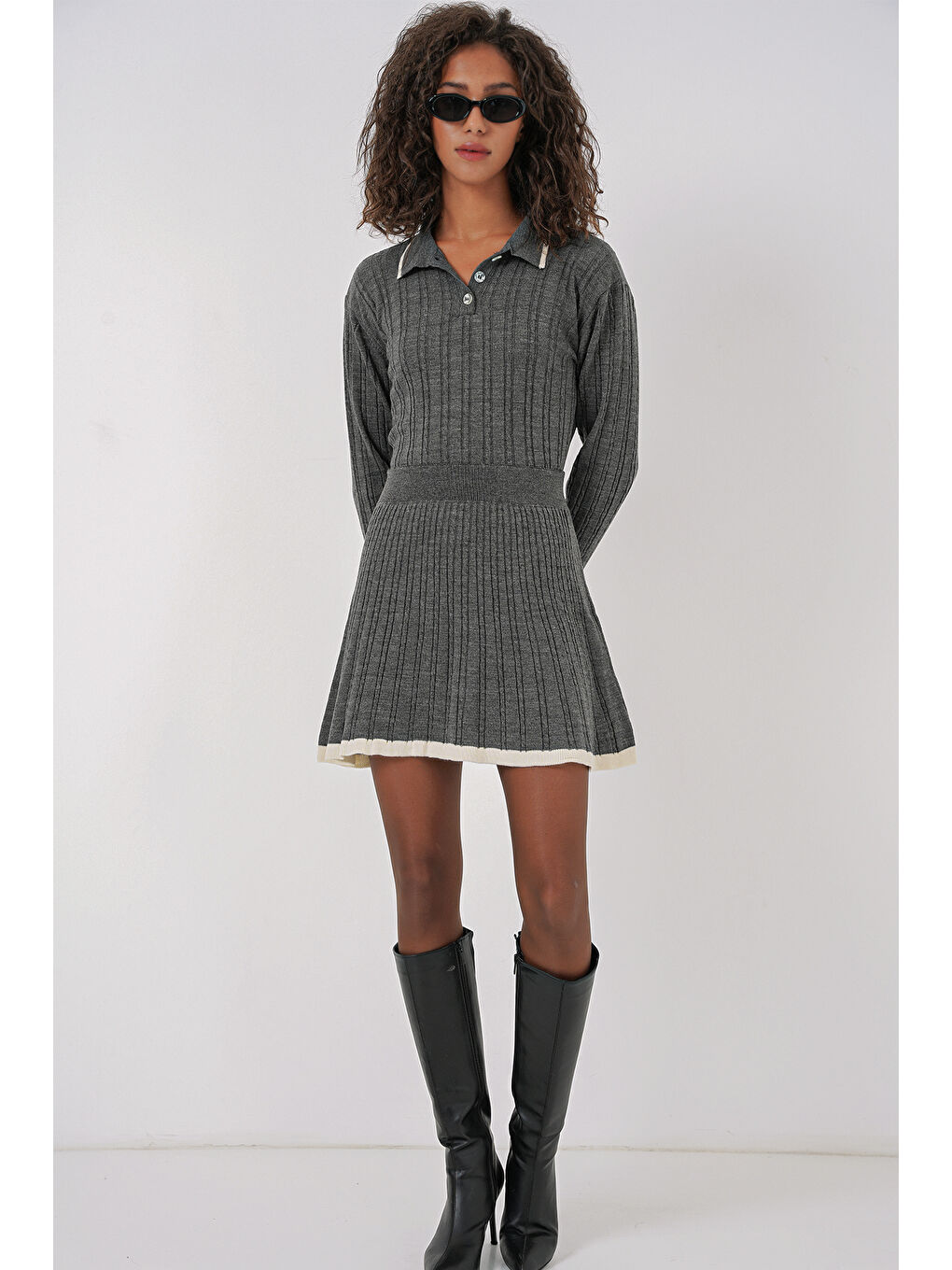 15907 Kadın Polo Yaka Kazak Etek Triko İkili Takım - Antrasit-1