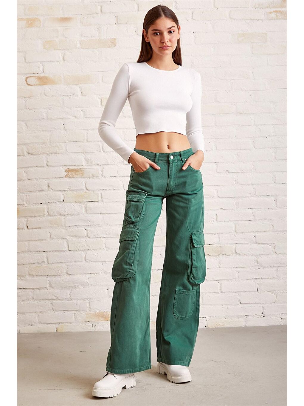 Yeşil Kargo Cepli Wide Leg Denim Jean