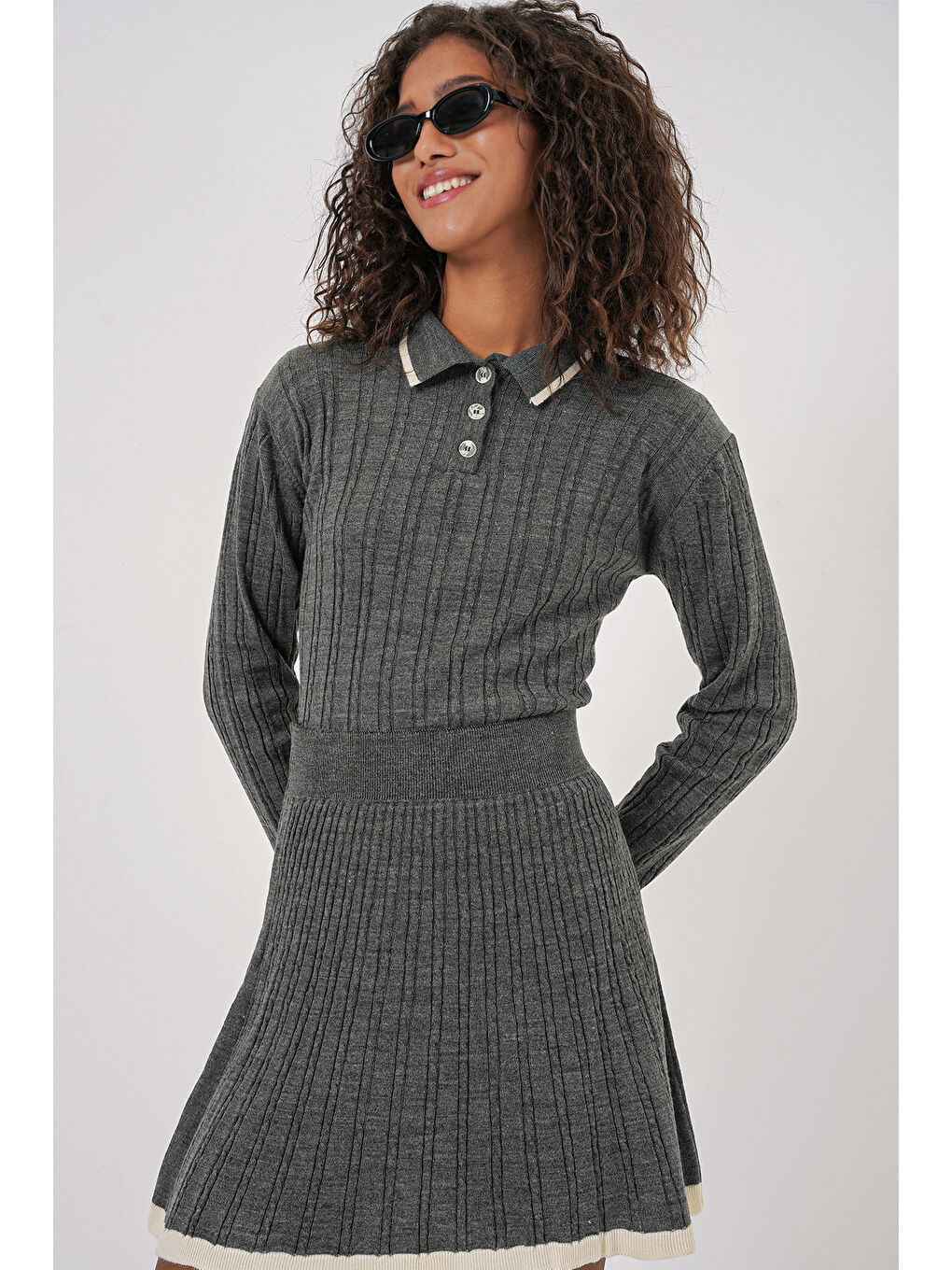 15907 Kadın Polo Yaka Kazak Etek Triko İkili Takım - Antrasit-2