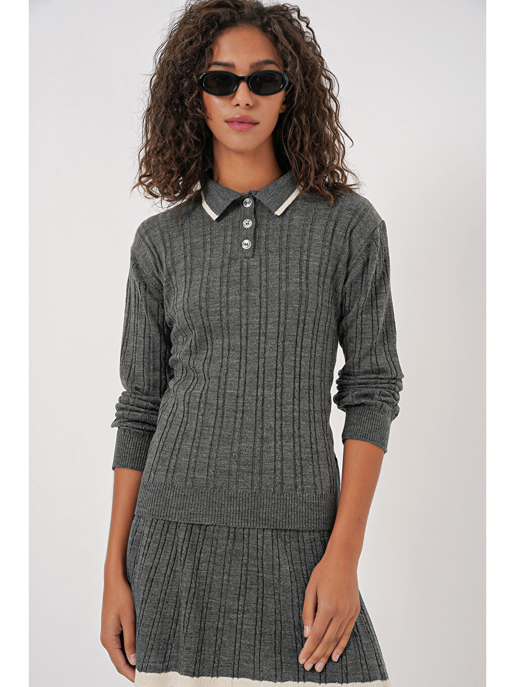 15907 Kadın Polo Yaka Kazak Etek Triko İkili Takım - Antrasit-3