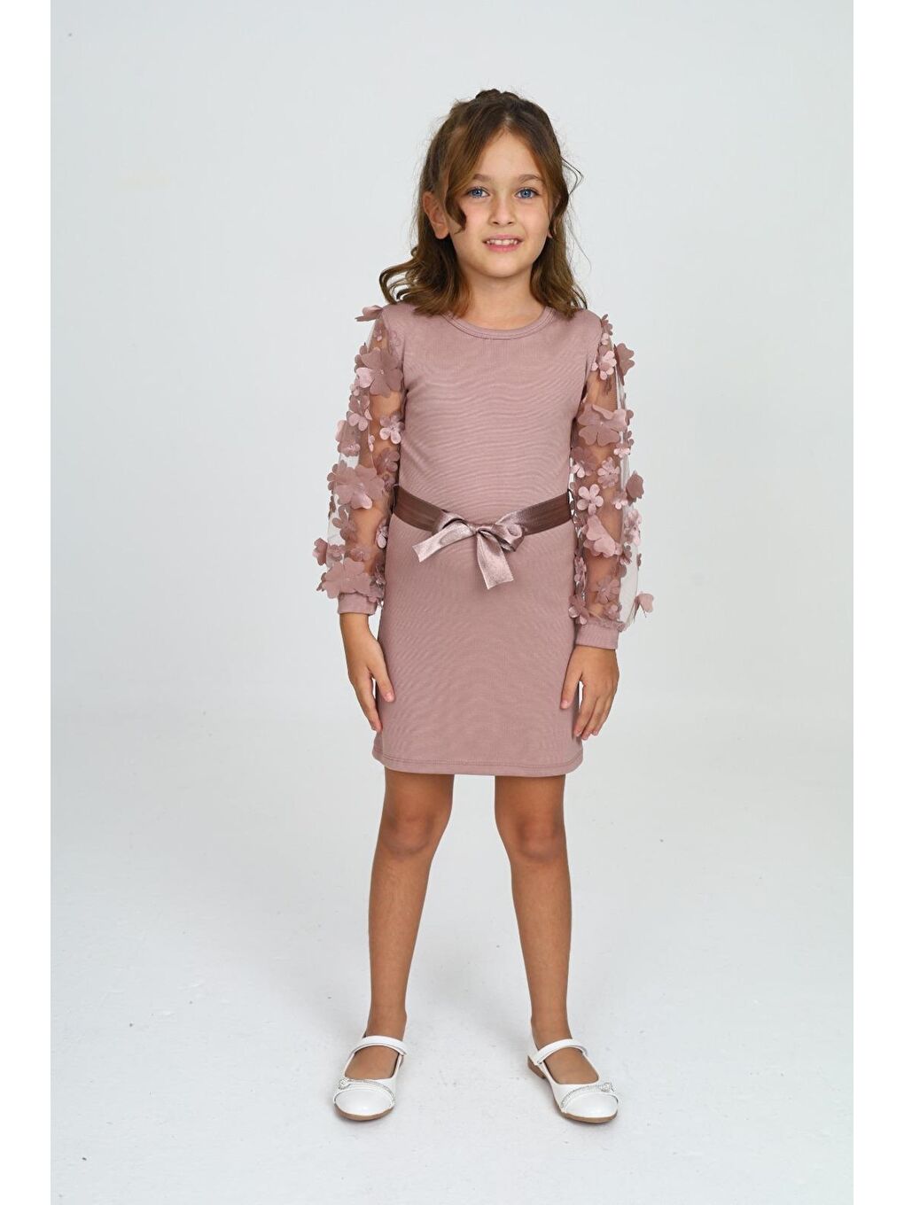 Pembe Kız Çocuk Kolları Tüllü Ve Aksesuarlı Elbise 12130-3