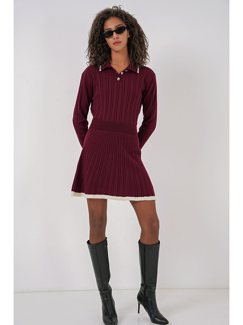 15907 Kadın Polo Yaka Kazak Etek Triko İkili Takım - Bordo-1