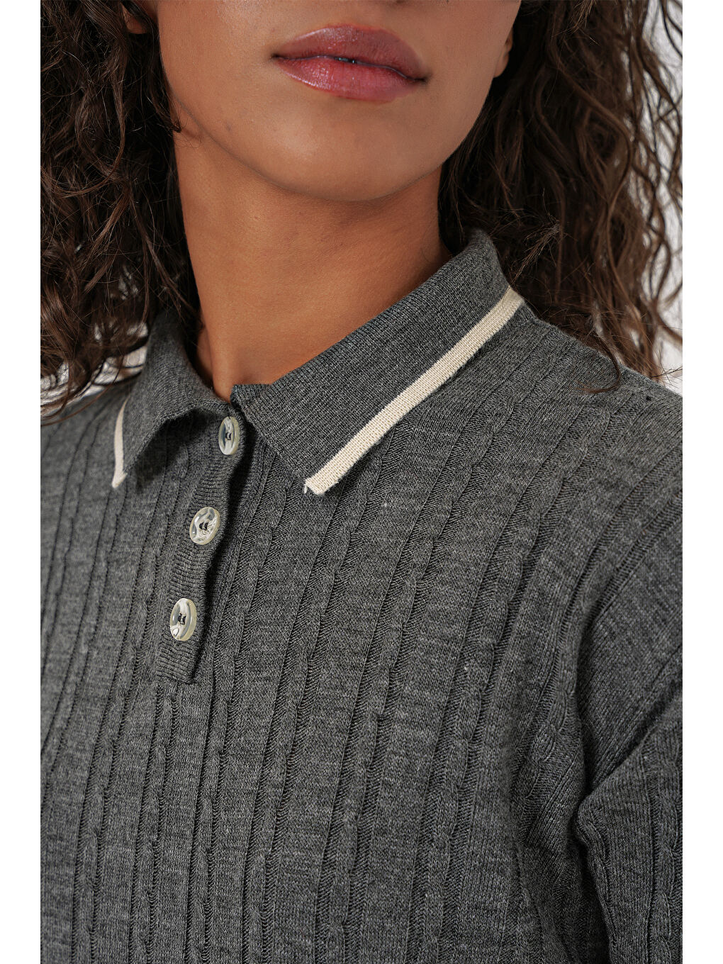 15907 Kadın Polo Yaka Kazak Etek Triko İkili Takım - Antrasit-4