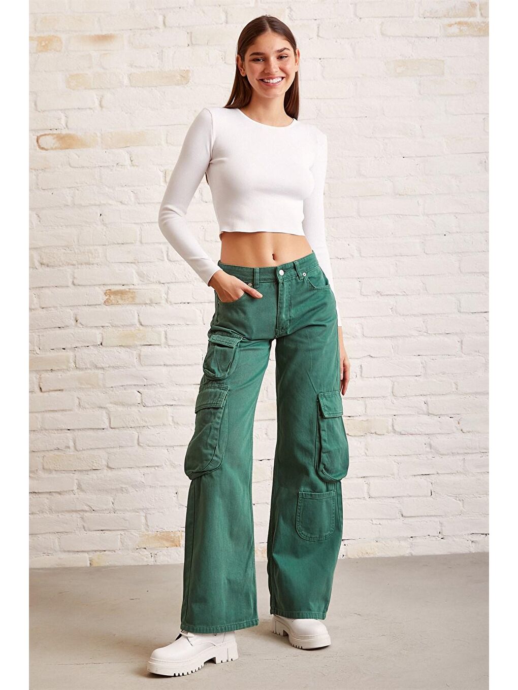 Yeşil Kargo Cepli Wide Leg Denim Jean-2