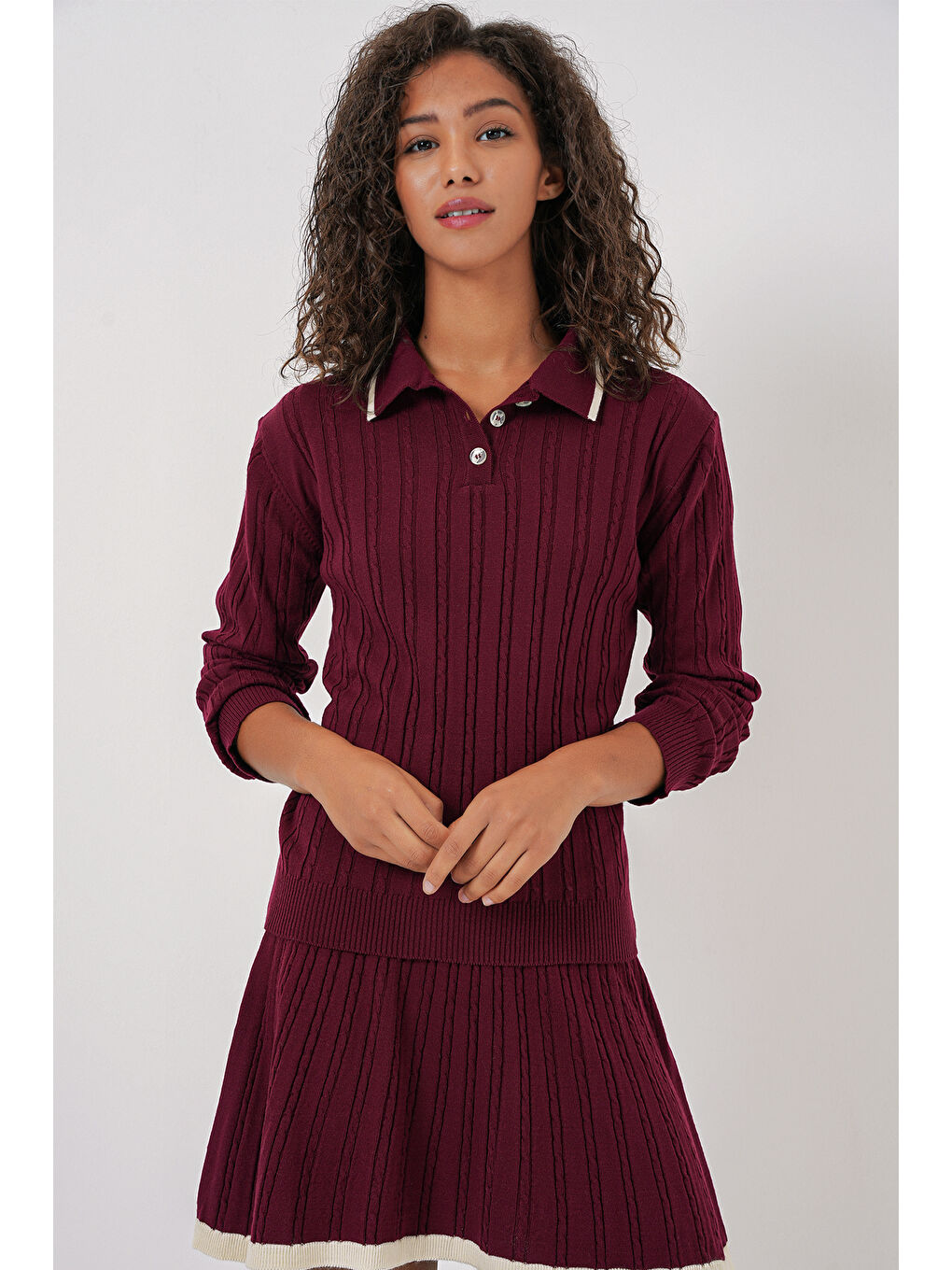 15907 Kadın Polo Yaka Kazak Etek Triko İkili Takım - Bordo-2