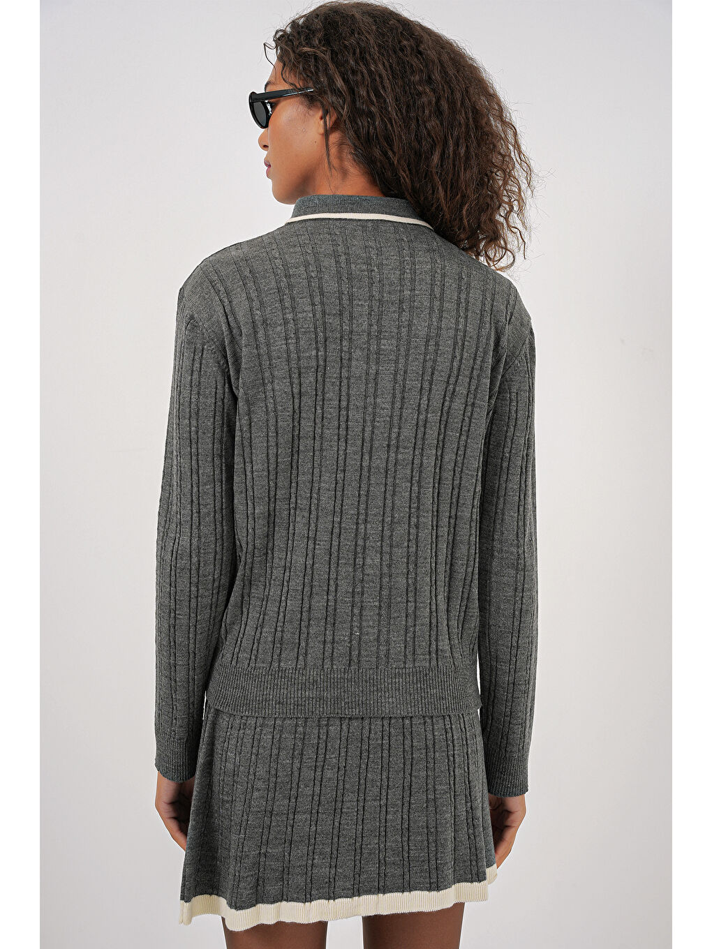 15907 Kadın Polo Yaka Kazak Etek Triko İkili Takım - Antrasit-5