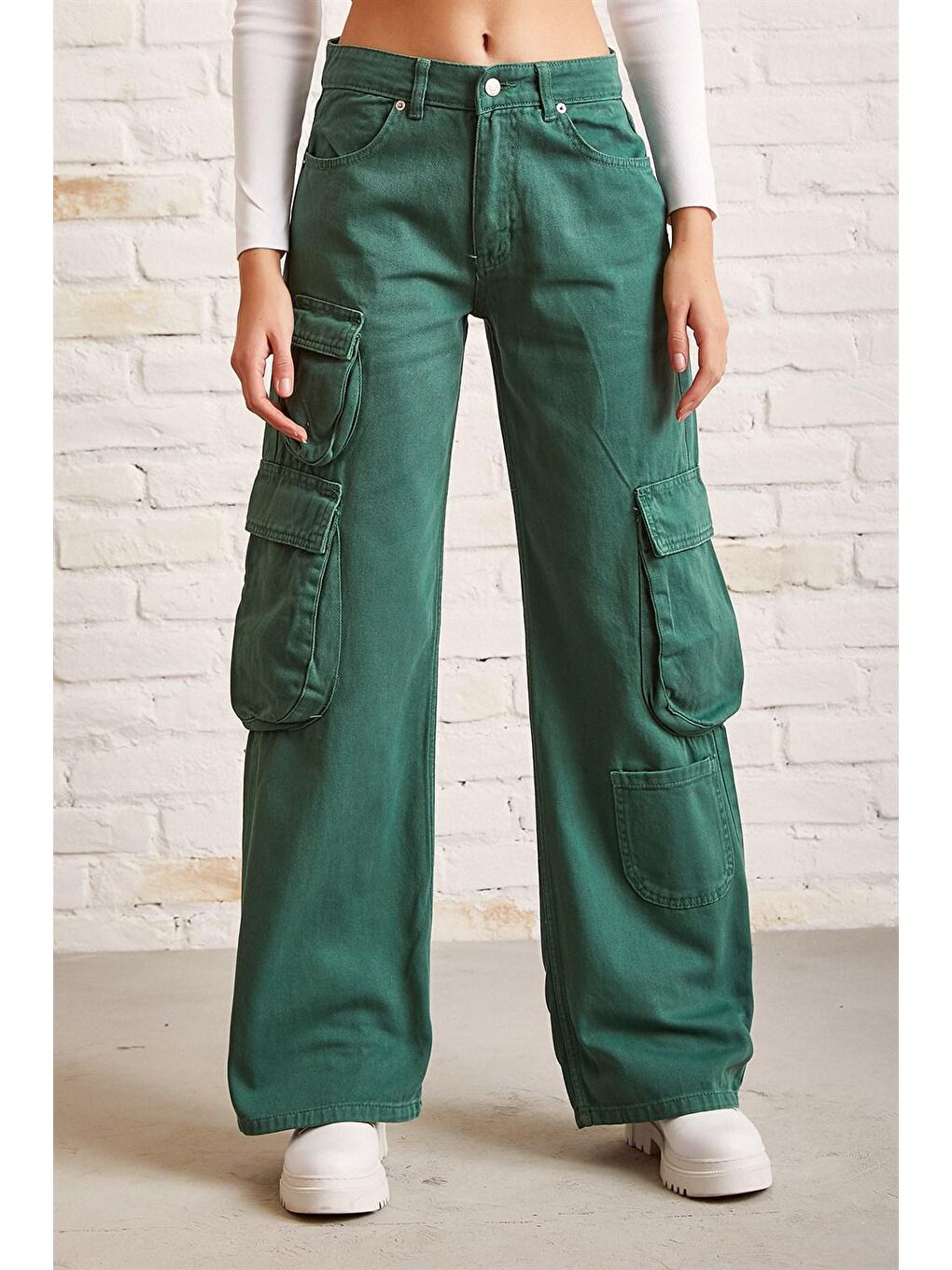 Yeşil Kargo Cepli Wide Leg Denim Jean-3