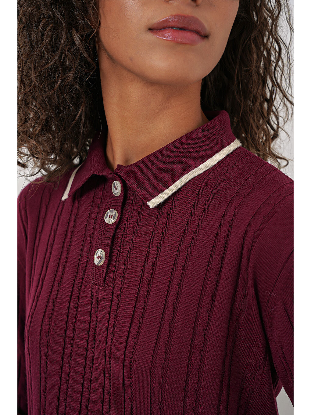 15907 Kadın Polo Yaka Kazak Etek Triko İkili Takım - Bordo-3