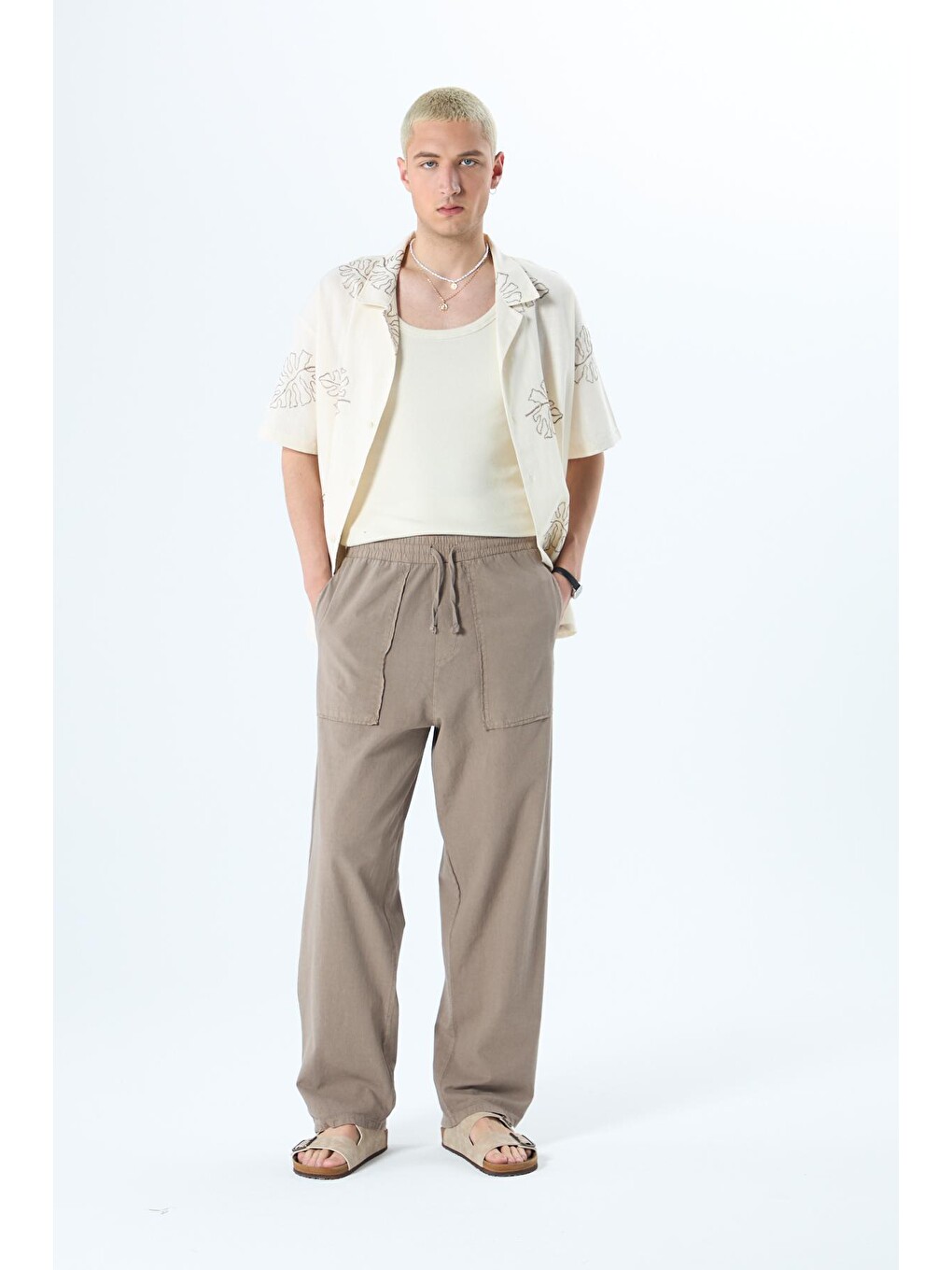 Bej Cep Detaylı Baggy Keten Erkek Pantolon Vizon-1