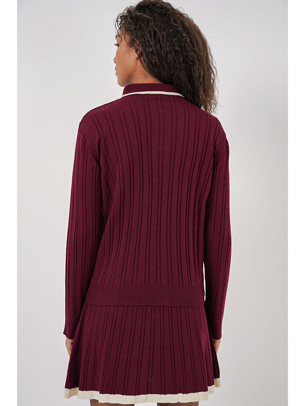 15907 Kadın Polo Yaka Kazak Etek Triko İkili Takım - Bordo-4