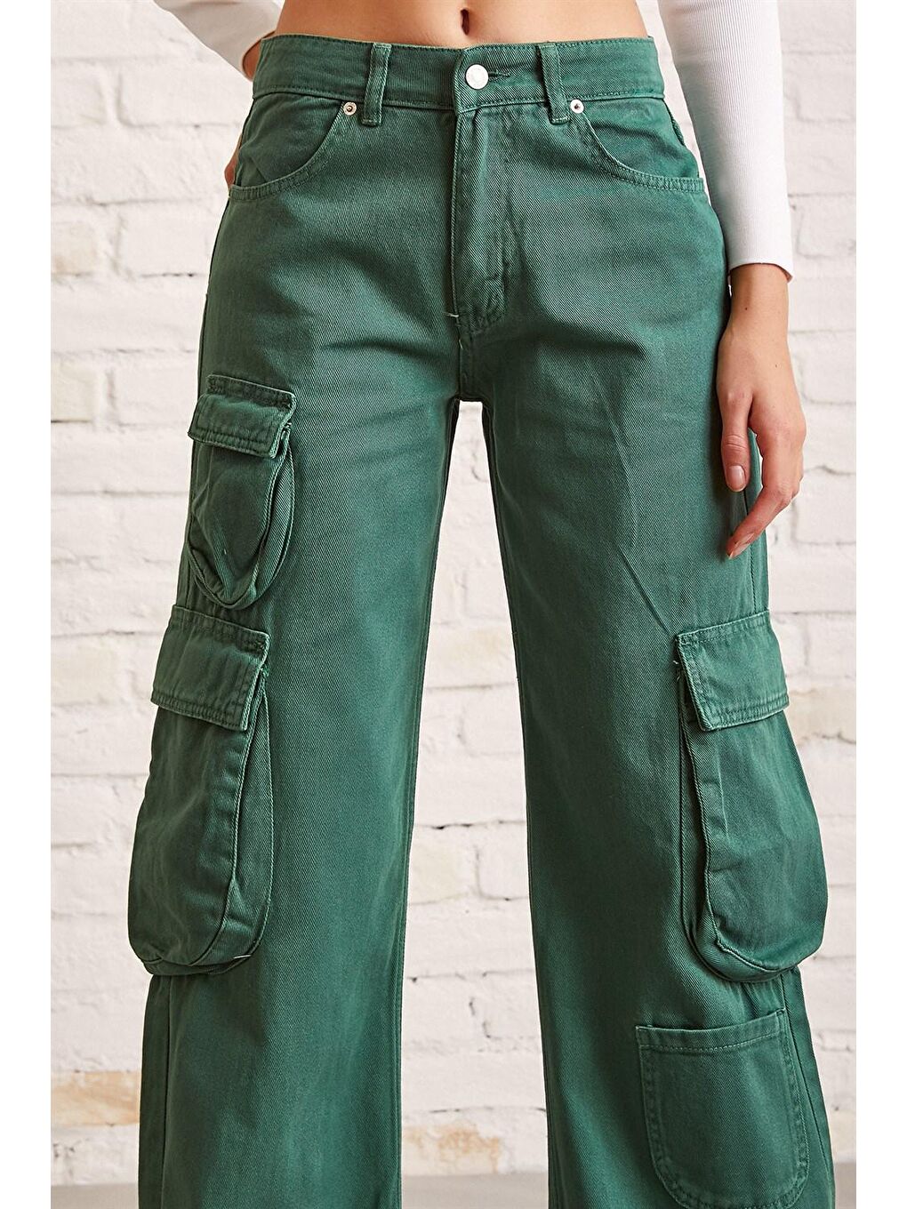 Yeşil Kargo Cepli Wide Leg Denim Jean-4