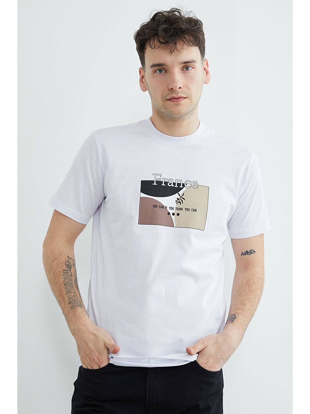 Beyaz France Yazı Baskılı Tişört-1