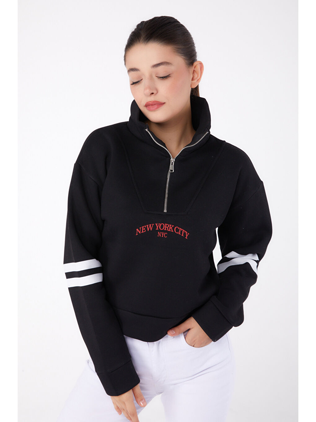 TOFİSA Düz Hakim Yaka Kadın Siyah Fermuarlı sweatshirt - 26381