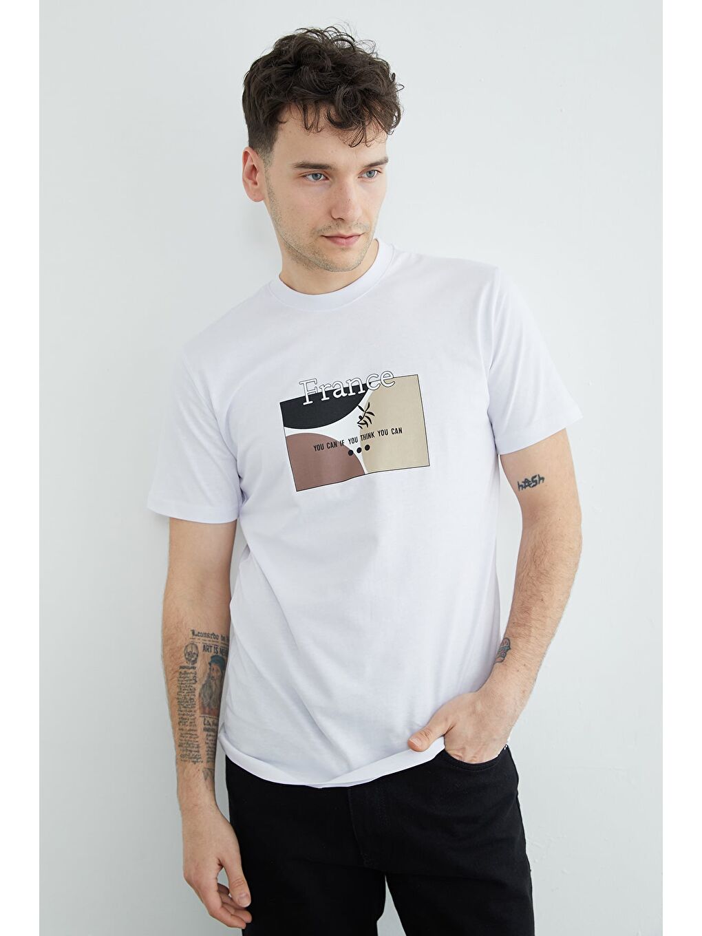 Beyaz France Yazı Baskılı Tişört-2