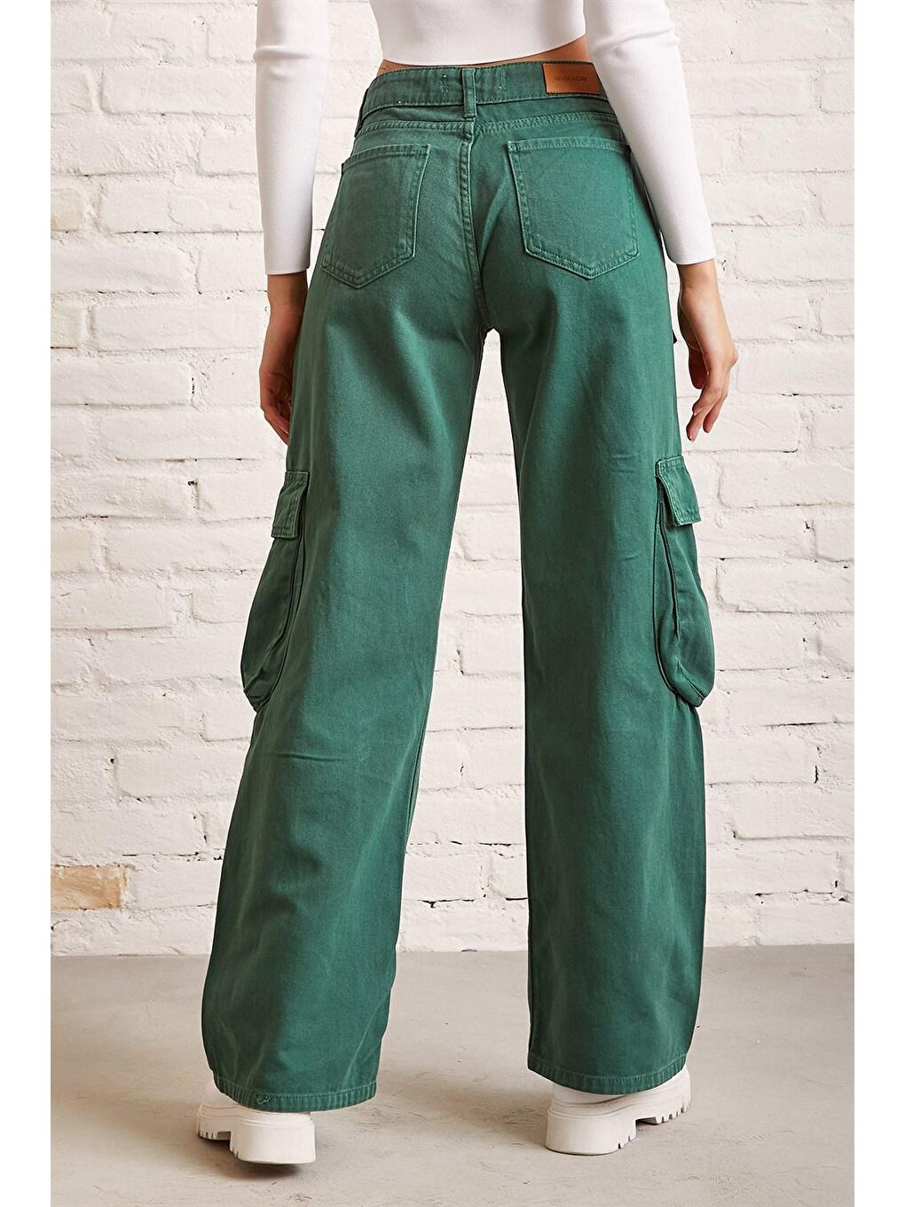 Yeşil Kargo Cepli Wide Leg Denim Jean-5
