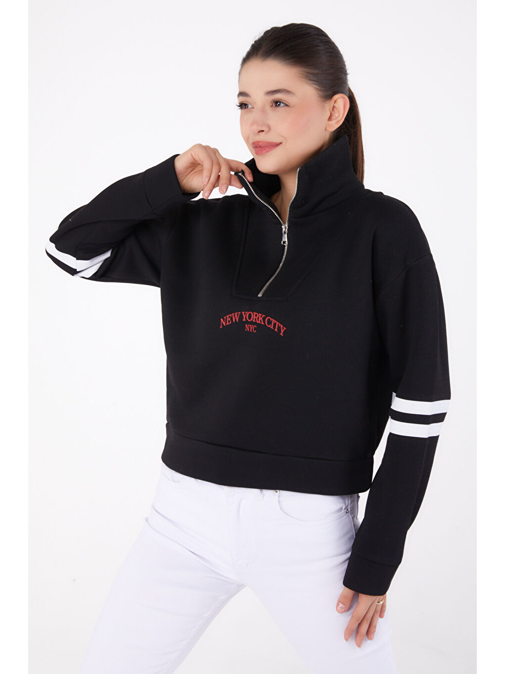 TOFİSA Düz Hakim Yaka Kadın Siyah Fermuarlı sweatshirt - 26381 - 1