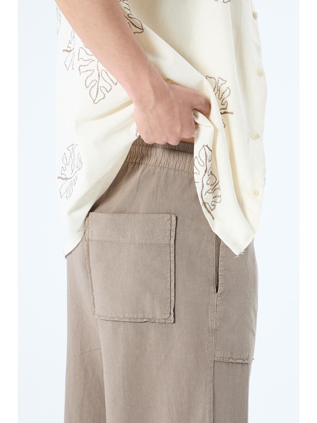 Bej Cep Detaylı Baggy Keten Erkek Pantolon Vizon-2
