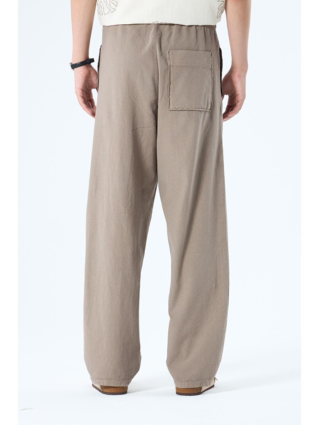 Bej Cep Detaylı Baggy Keten Erkek Pantolon Vizon-3