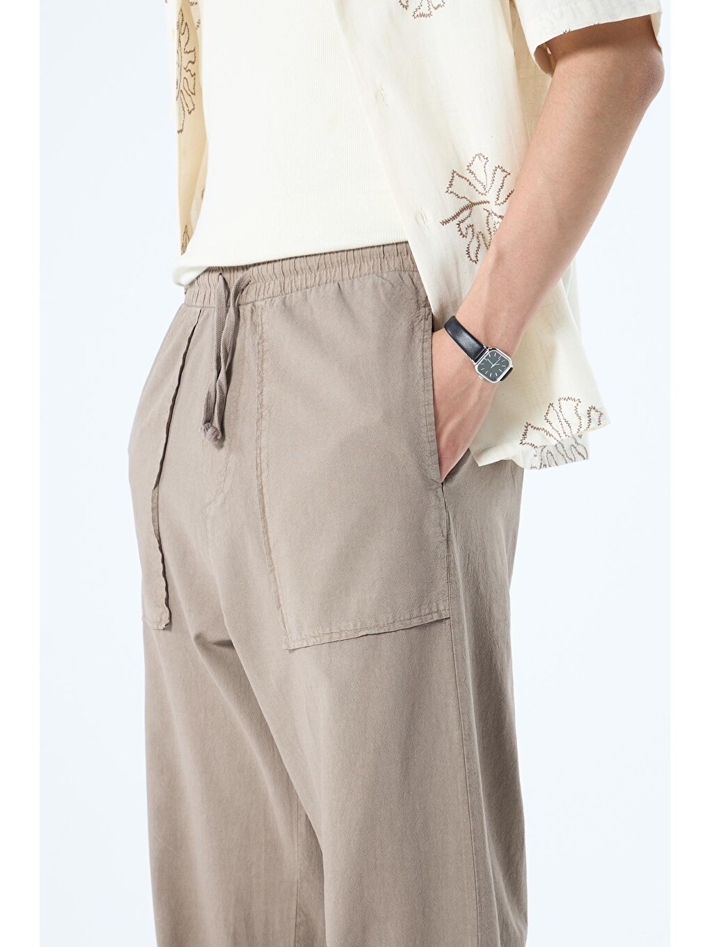 Bej Cep Detaylı Baggy Keten Erkek Pantolon Vizon-4