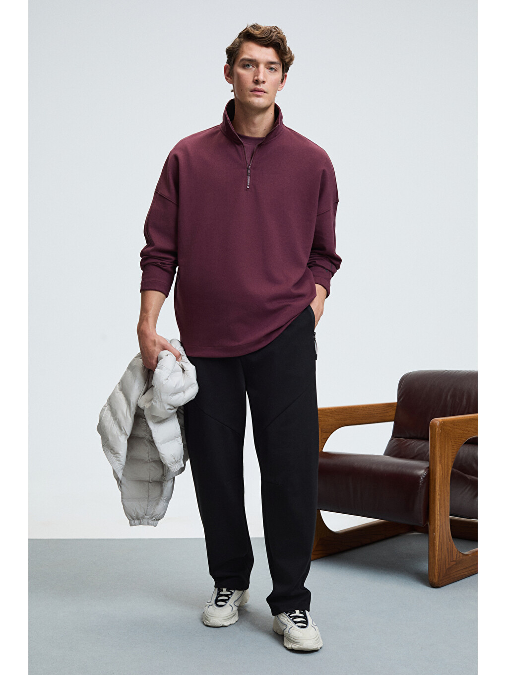 Edıson Erkek Yarım Fermuarlı Kolu Baskılı Dik Yaka Bordo Sweatshirt-1