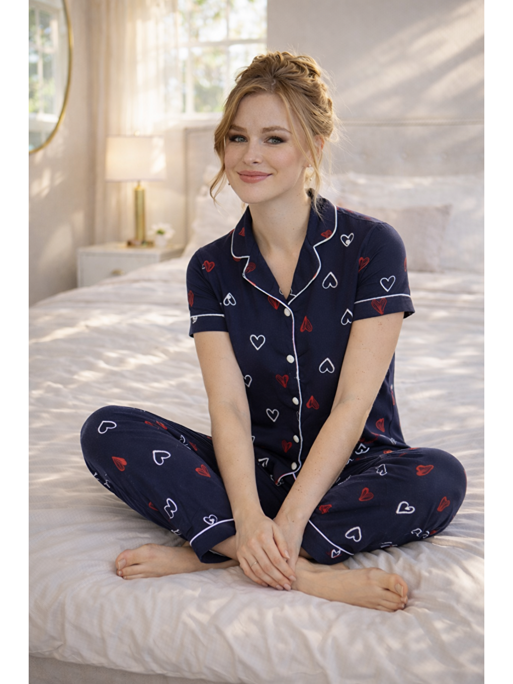 Lacivert PREMIUM Kadın %100 Doğal Pamuk Kalpli Gömlek Yaka Biyeli Düğmeli Yüksek Kaliteli Pijama Takımı