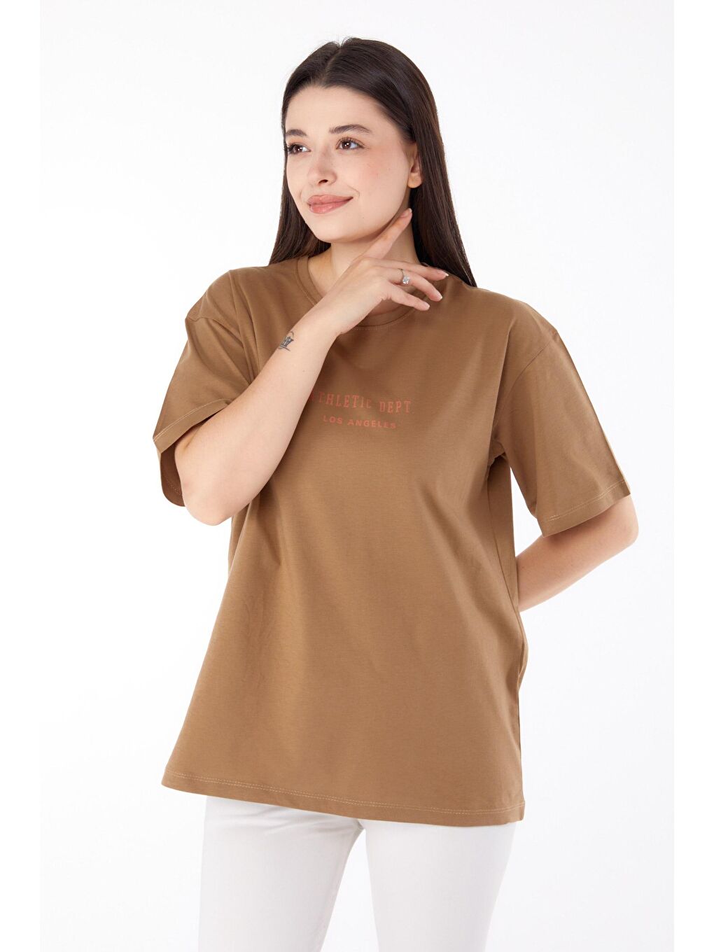 TOFİSA Kahverengi Düz Bisiklet Yaka Kadın Taba Baskılı T-shirt - 25693