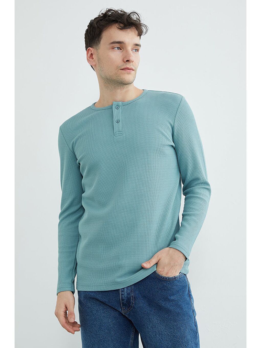 Yeşil Petek Kumaş Yarım Düğmeli Sweatshirt