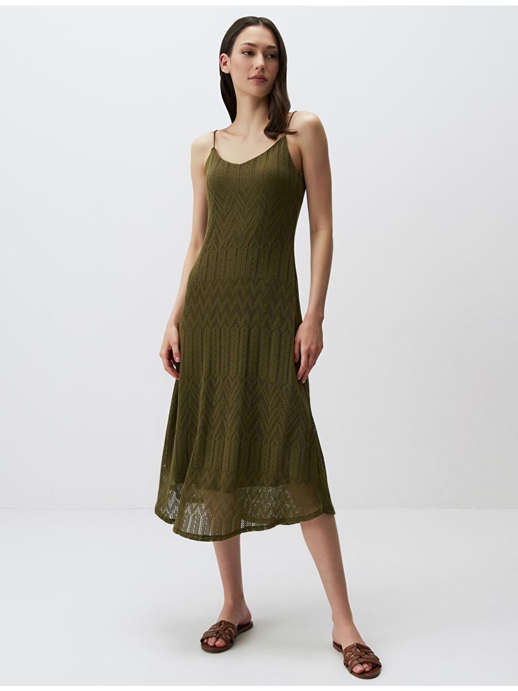 Haki Düz Kesim Askılı V Yaka Örme Elbise