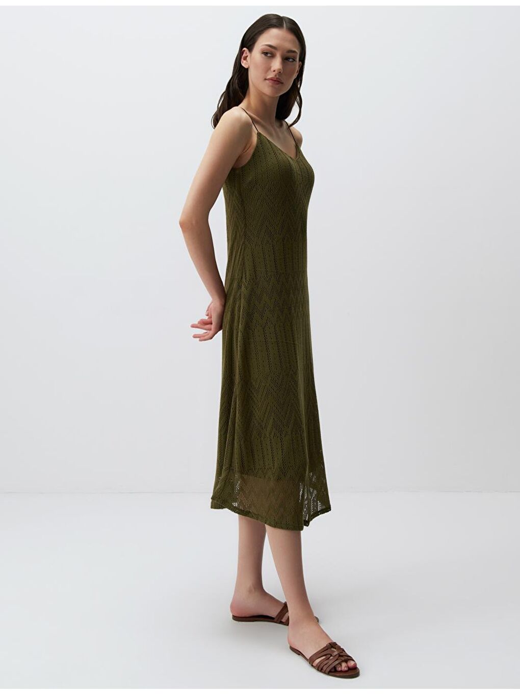 Haki Düz Kesim Askılı V Yaka Örme Elbise-1