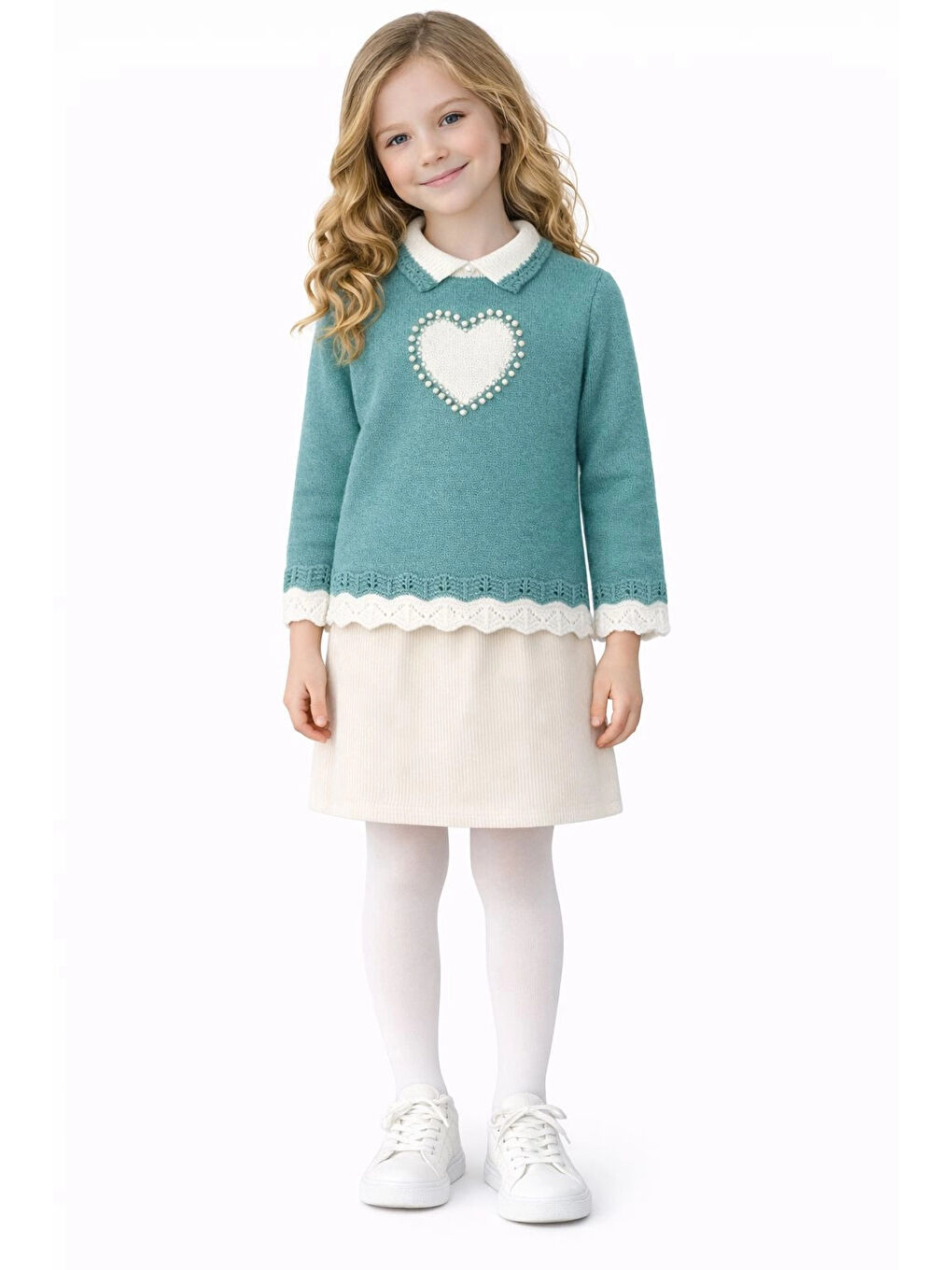 Turkuaz İnci İşlemeli Kız Çocuk Kazak 4098-1