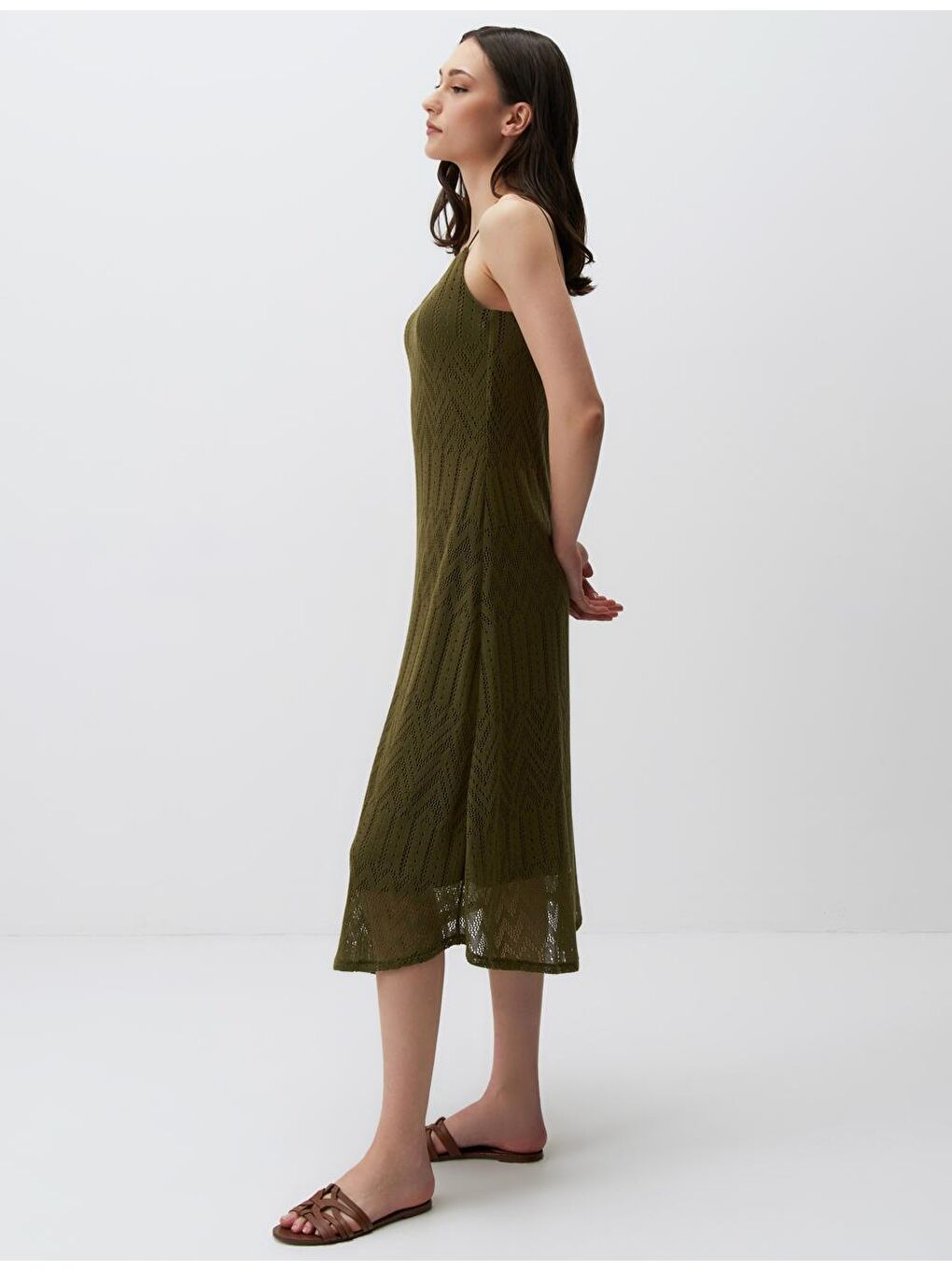 Haki Düz Kesim Askılı V Yaka Örme Elbise-2