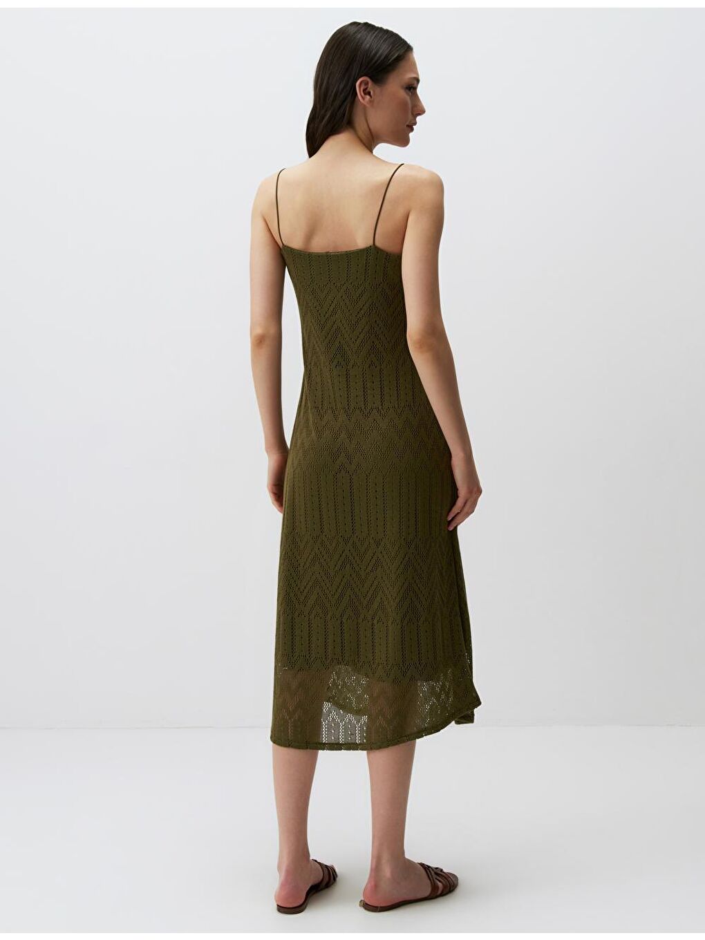 Haki Düz Kesim Askılı V Yaka Örme Elbise-4