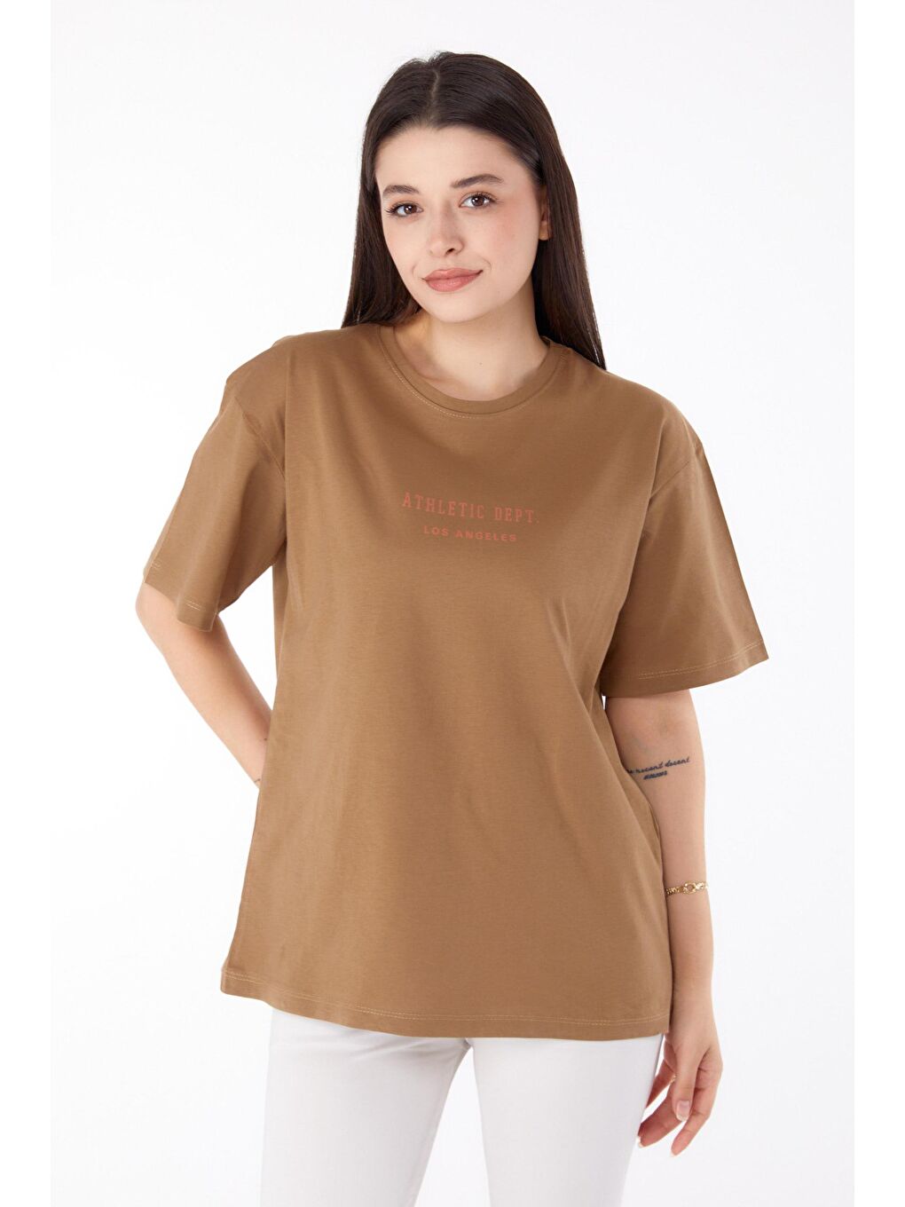 TOFİSA Kahverengi Düz Bisiklet Yaka Kadın Taba Baskılı T-shirt - 25693 - 1