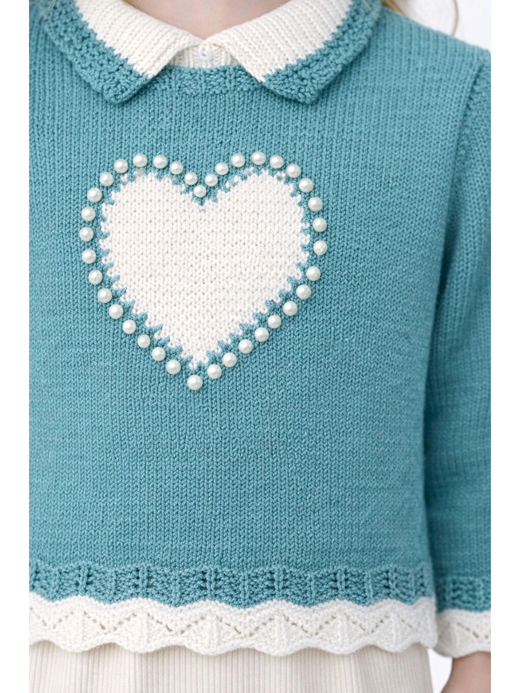 Turkuaz İnci İşlemeli Kız Çocuk Kazak 4098-2