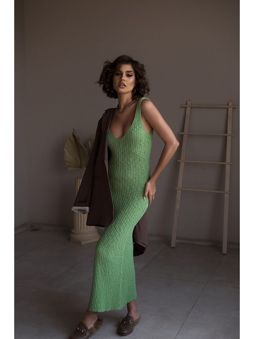 Janell Yeşil Triko Midi Askılı Elbise