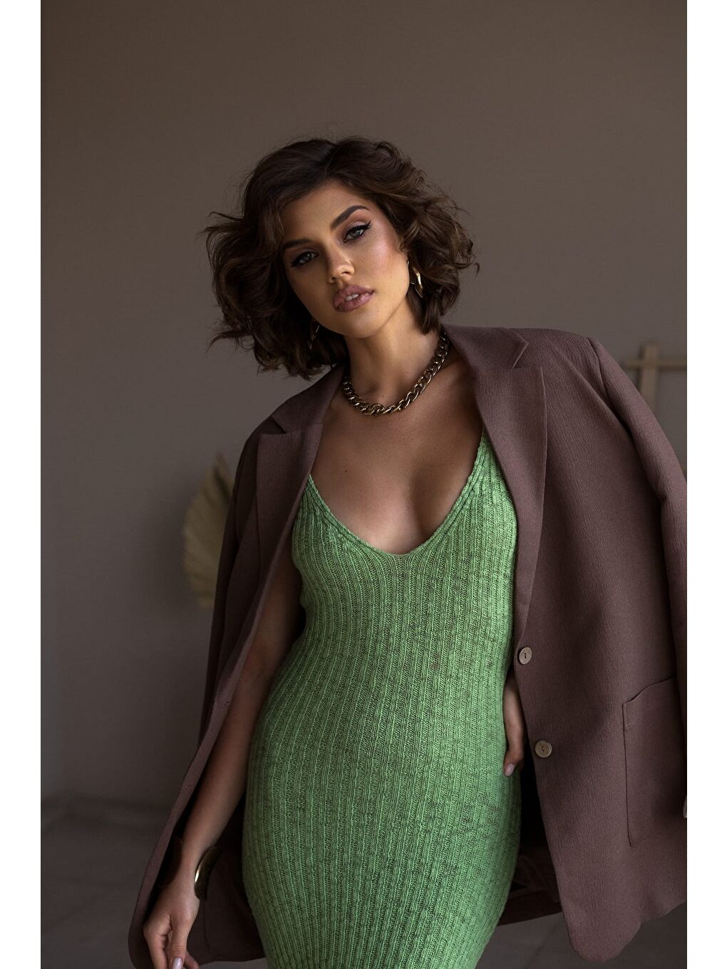 Janell Yeşil Triko Midi Askılı Elbise-1