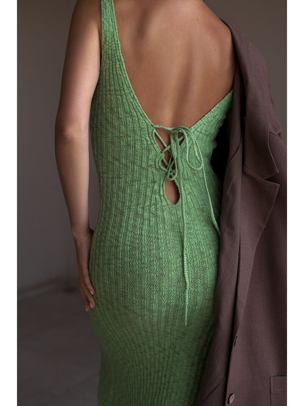 Janell Yeşil Triko Midi Askılı Elbise-2