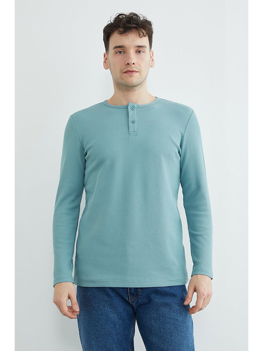 Yeşil Petek Kumaş Yarım Düğmeli Sweatshirt-1