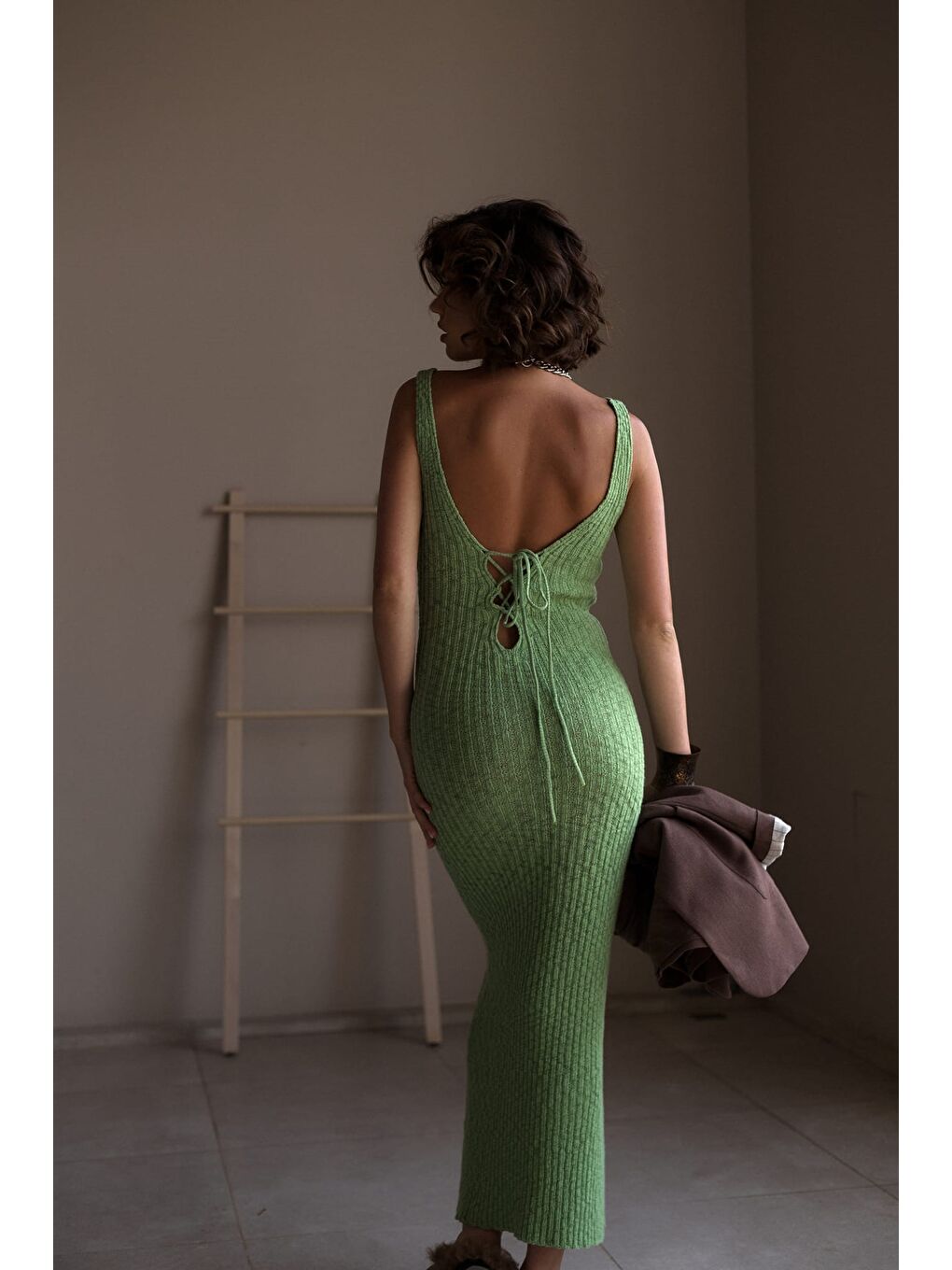 Janell Yeşil Triko Midi Askılı Elbise-3