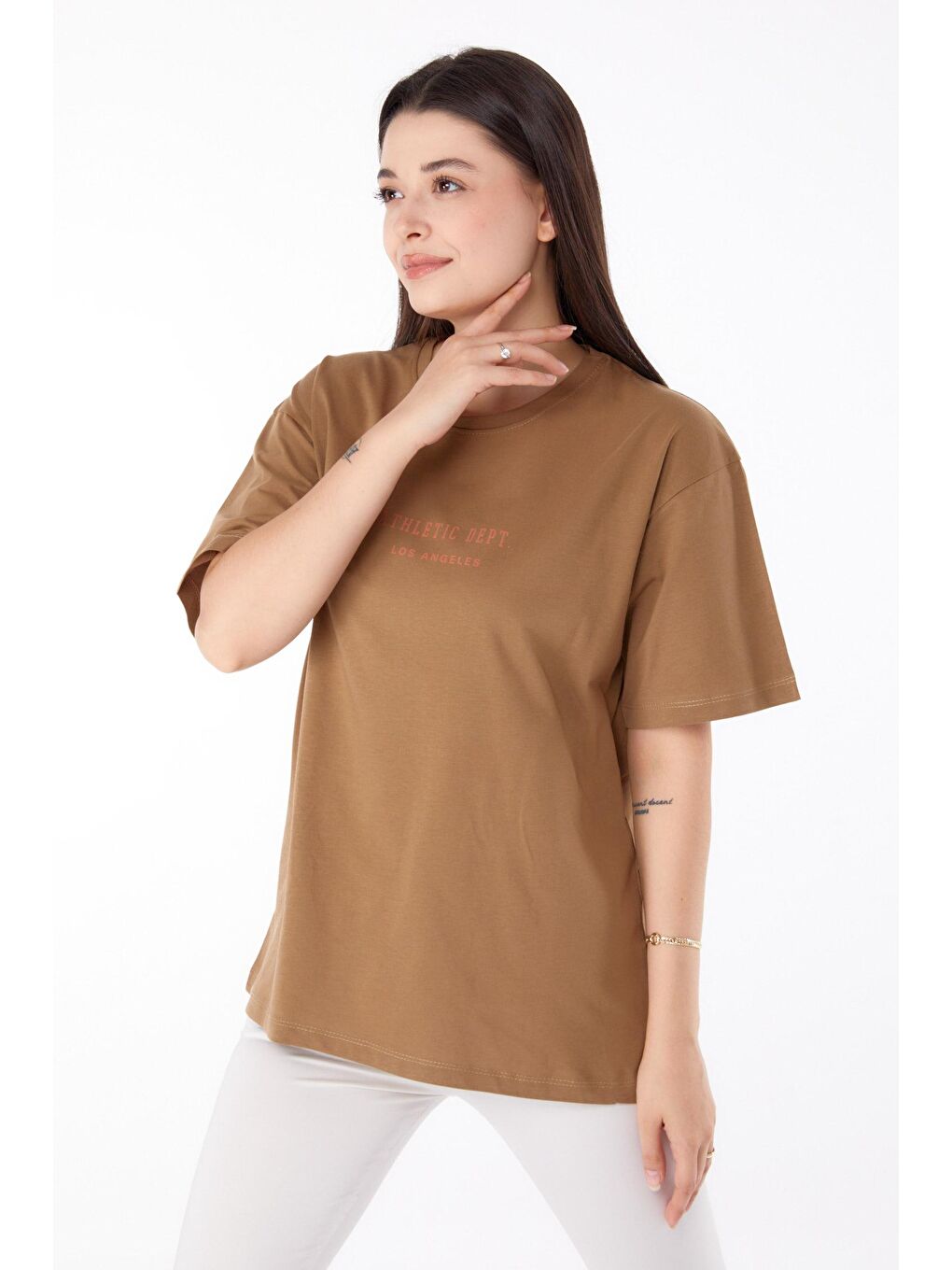 TOFİSA Kahverengi Düz Bisiklet Yaka Kadın Taba Baskılı T-shirt - 25693 - 2