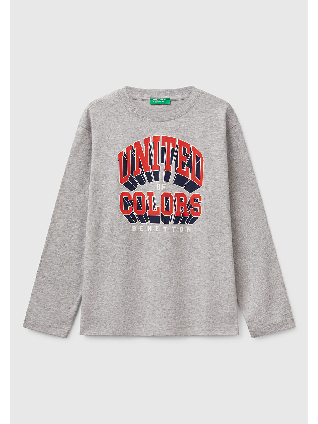 Erkek Çocuk Gri Melanj Benetton Logo Baskılı Uzun Kollu Tişört