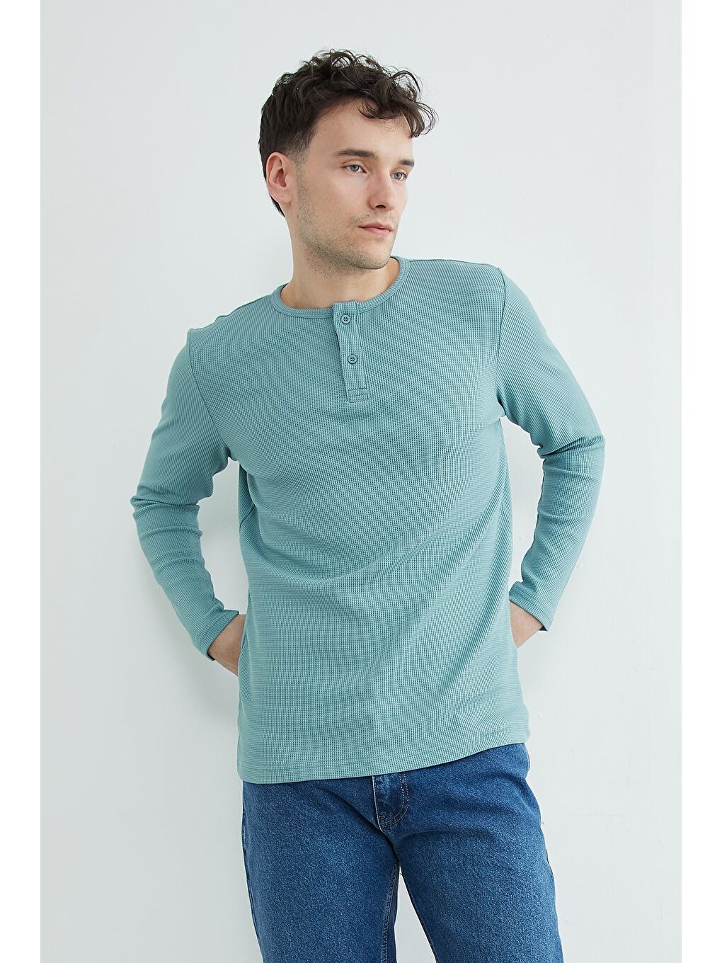 Yeşil Petek Kumaş Yarım Düğmeli Sweatshirt-2